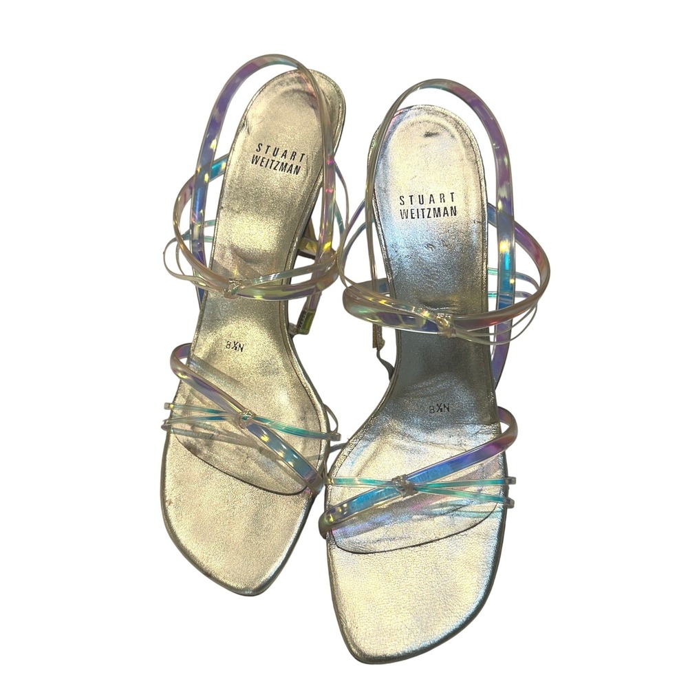 Stuart Weitzman Iridescent Holographic Strappy Sandals Gold Stiletto Heel 8.5N